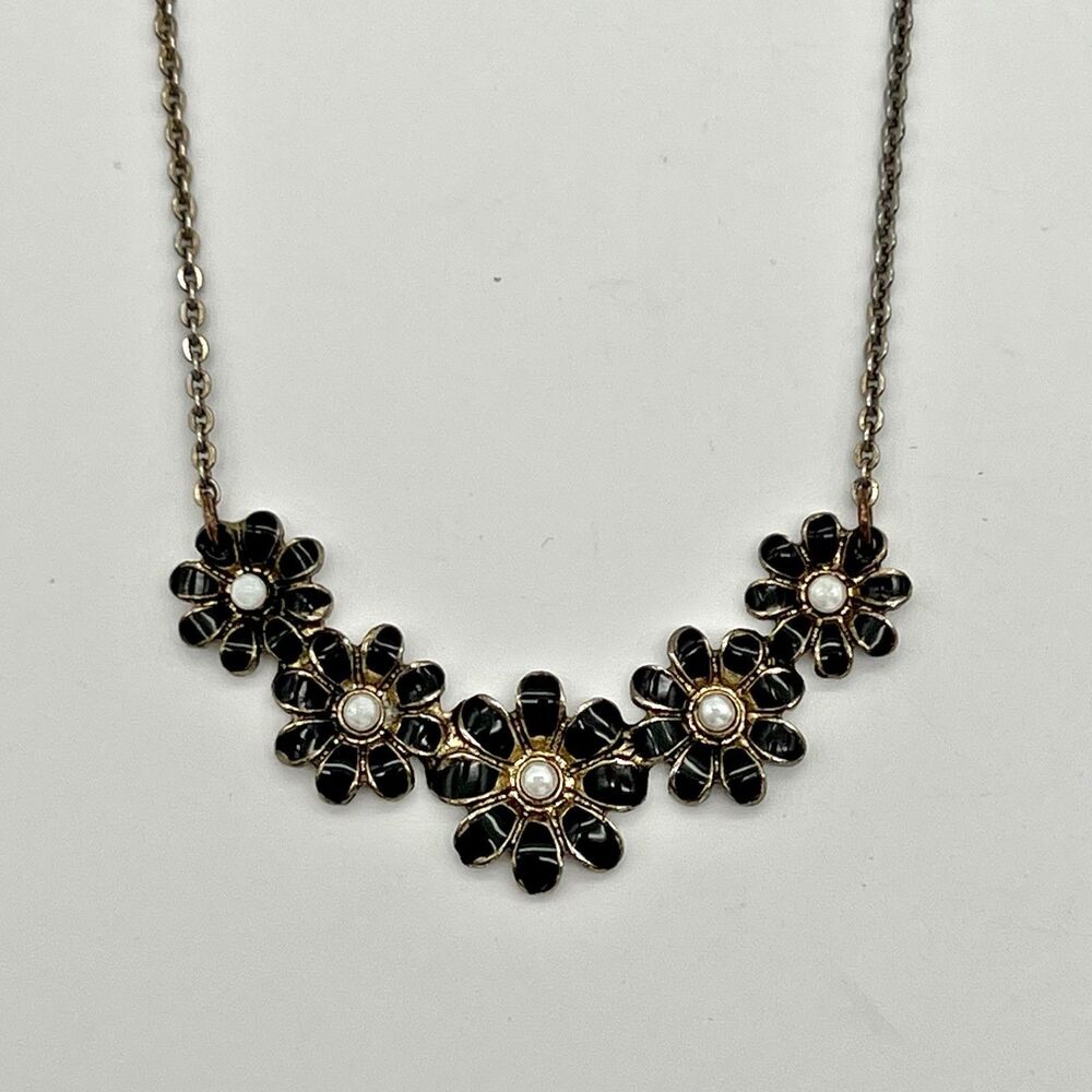 Vintage Black Enamel Faux Pearl Flower Silver Tone Necklace 20”